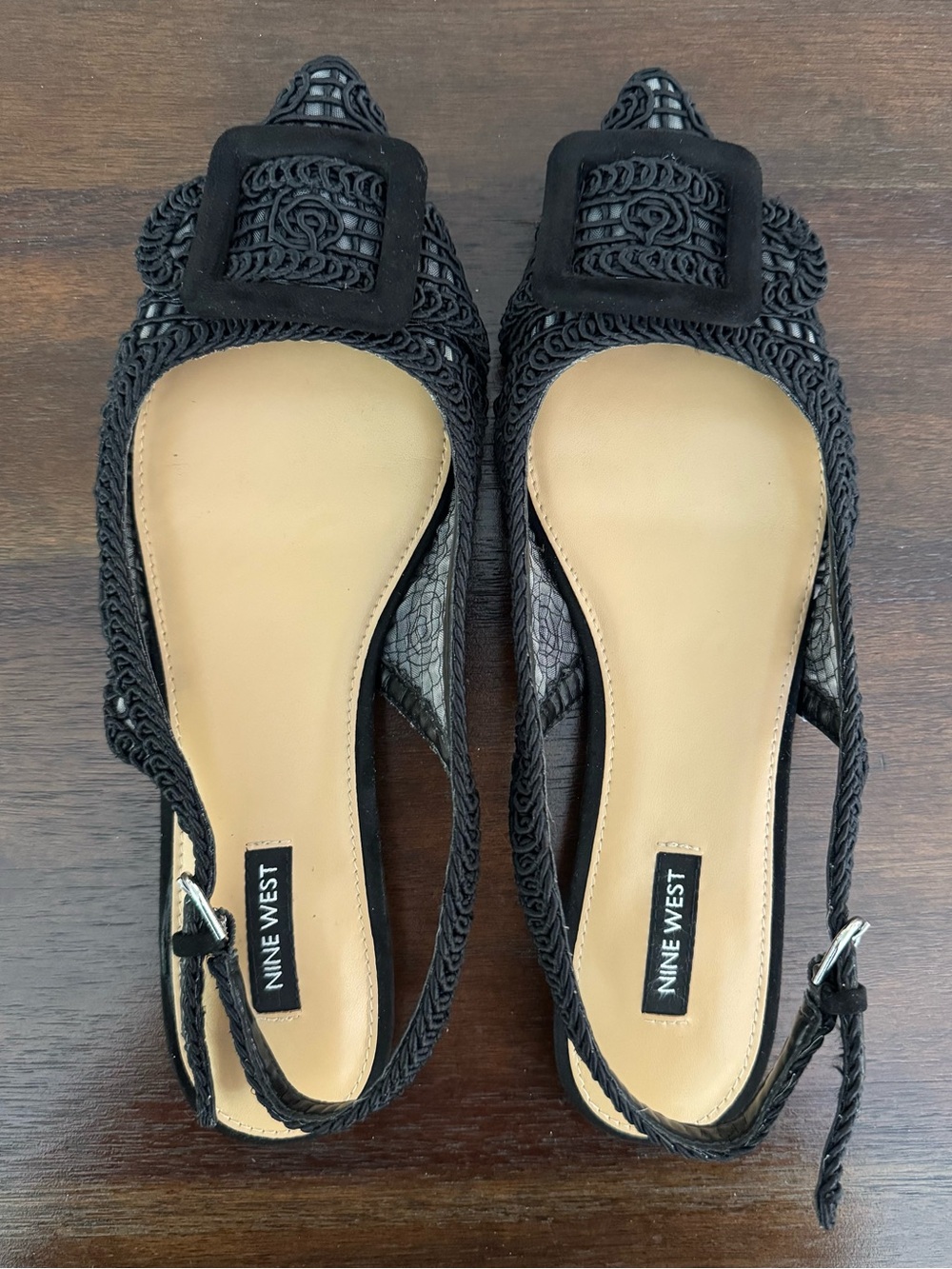 Nine West - Black Embroidered Mesh Pointed Toe Slingback Flats